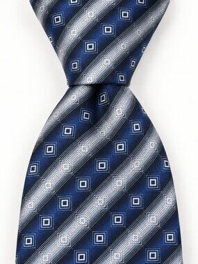Valerio Garati Silk Necktie Mens Gray Blue Geo Squares Handcrafted Made in Italy